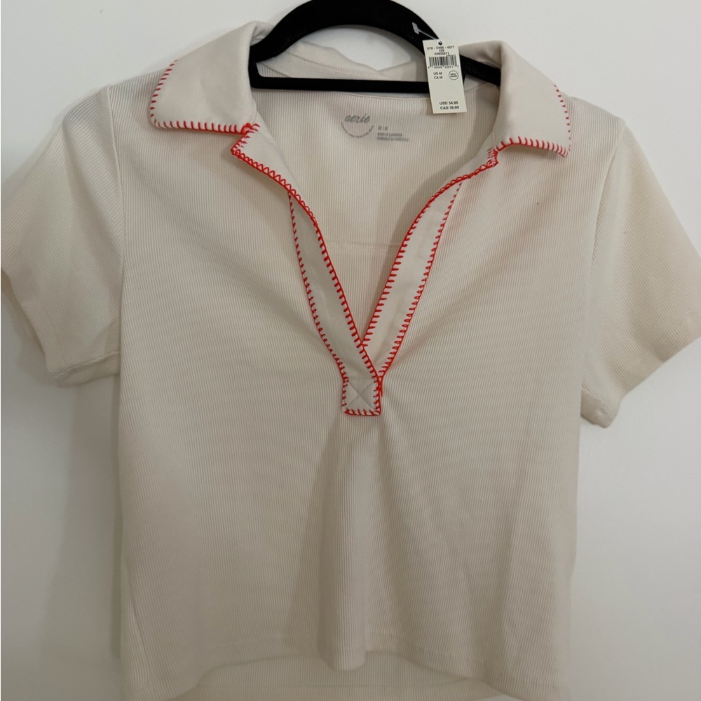 Aerie Cream Polo Top with Red Trim